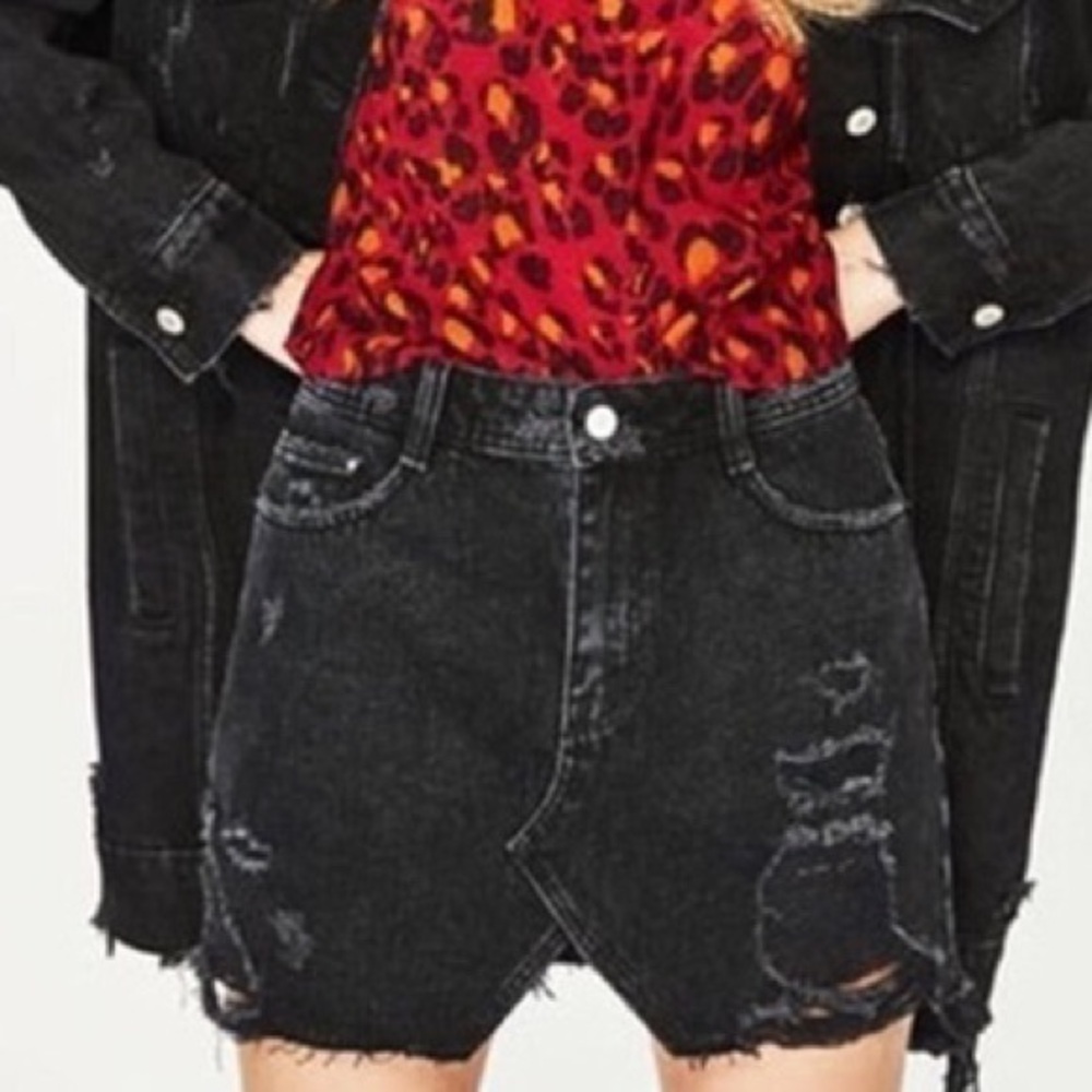 Zara black distressed jean mini skirt